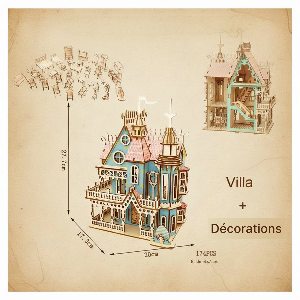 Plan d'un puzzle 3d d'une Maison de poupée en bois victorienne avec ses décorations