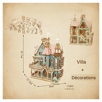 Plan d'un puzzle 3d d'une Maison de poupée en bois victorienne avec ses décorations