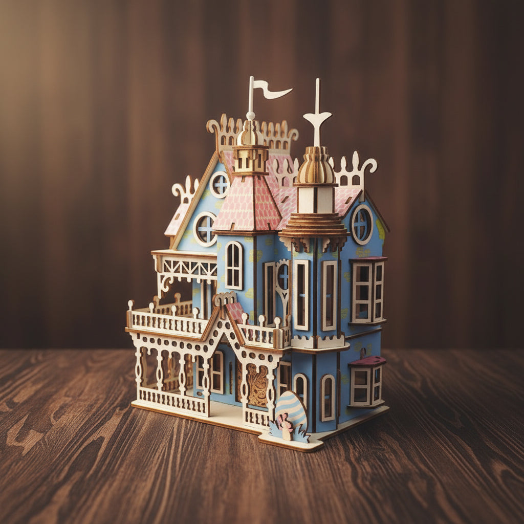 Puzzle 3D en bois d'une villa de poupée victorienne bleue et blanche