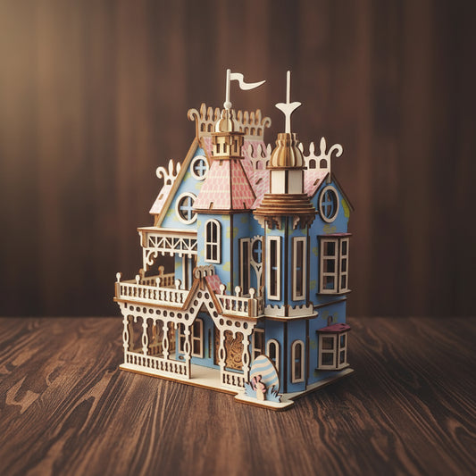 Puzzle 3D en bois d'une villa de poupée victorienne bleue et blanche