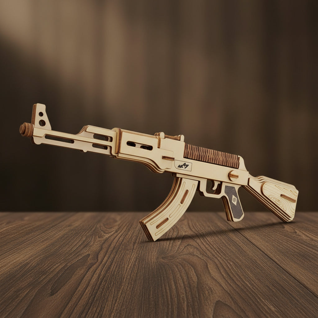 Puzzle 3D en bois représentant un AK47 avec détails sombres.