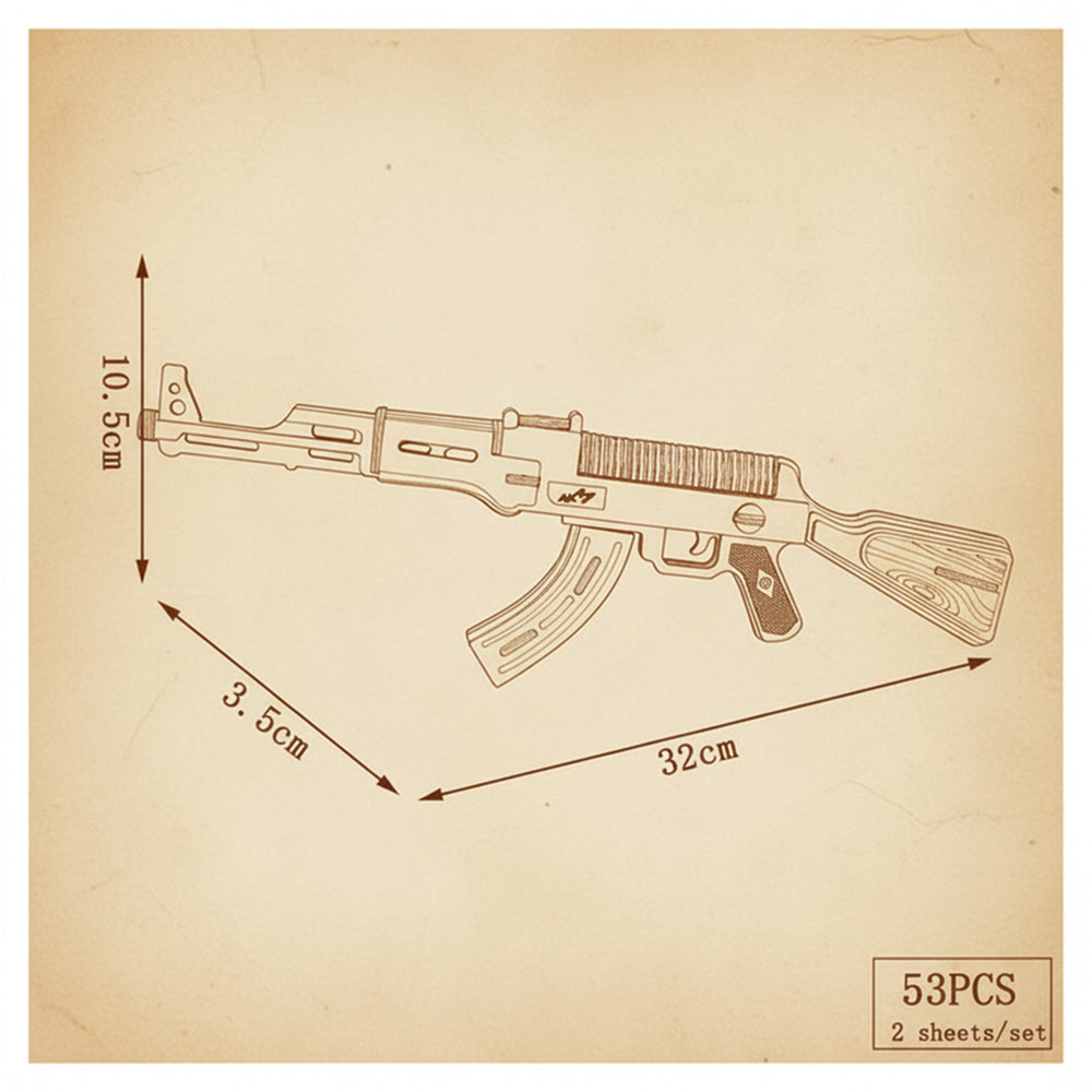 Puzzle 3D en bois représentant un AK47 avec détails sombres. - vue 2