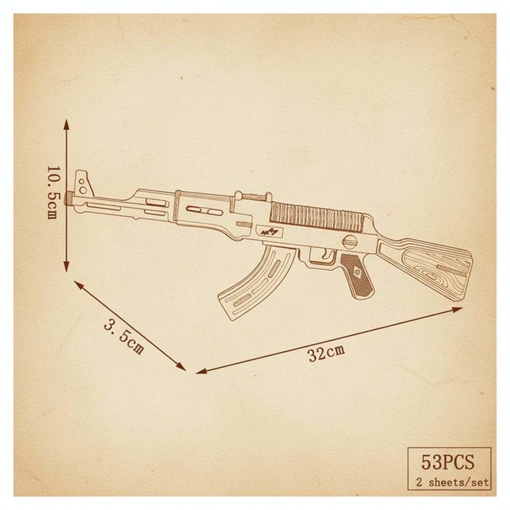 Puzzle 3D en bois représentant un AK47 avec détails sombres. - vue 2