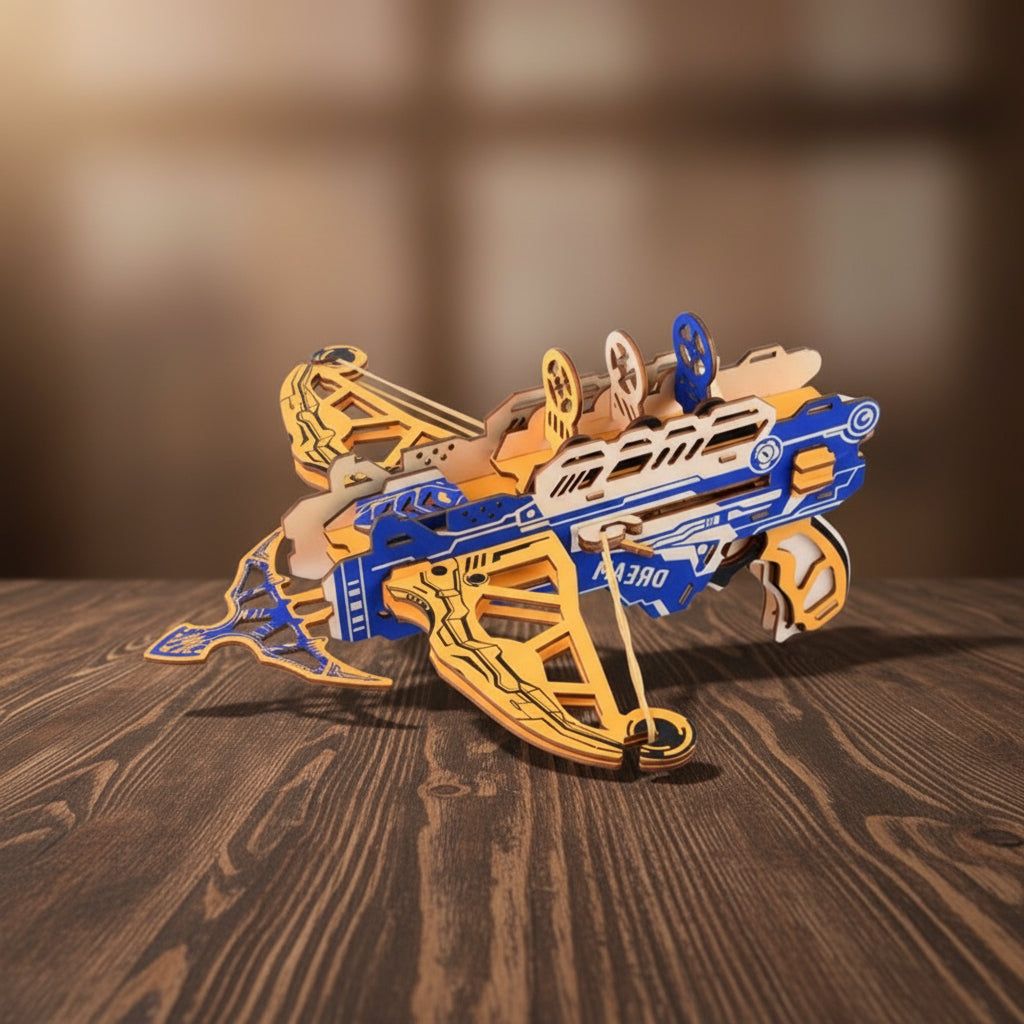 Puzzle 3D en bois d'une arbalète futuriste bleue et dorée, 35x18.4 cm.