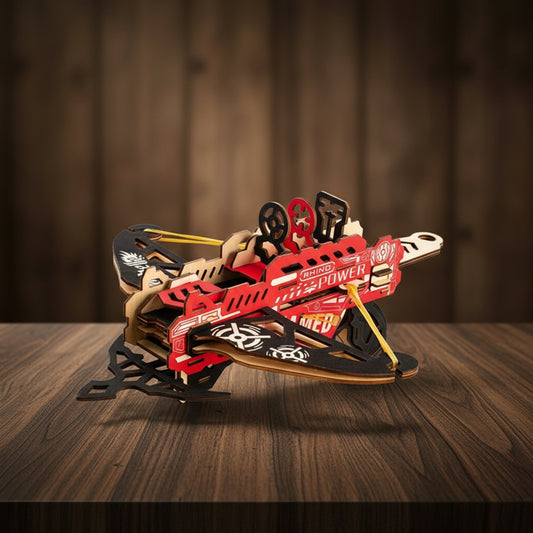 Puzzle 3D en bois représentant une arbalète rouge et noire avec inscriptions "RHINO POWER" et "AR...