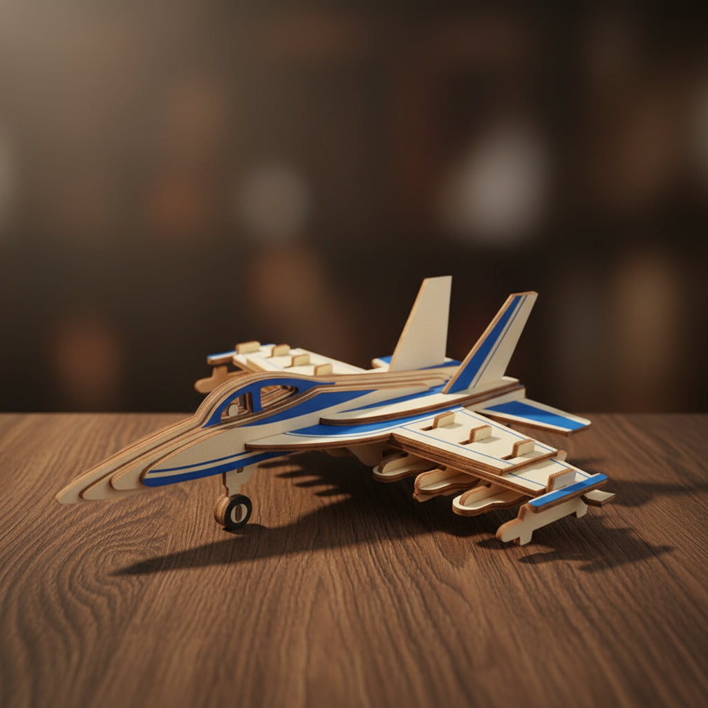 Puzzle 3D d'avion F18 en bois réaliste sur table bois.