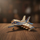 Puzzle 3D d'avion F18 en bois réaliste sur table bois.