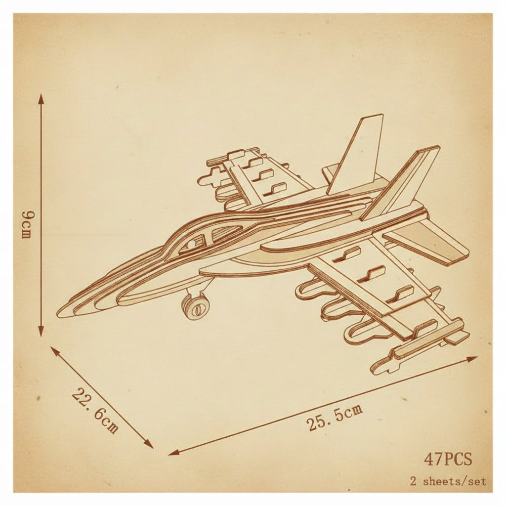 Puzzle 3D d'avion F18 en bois réaliste sur table bois. - vue 2