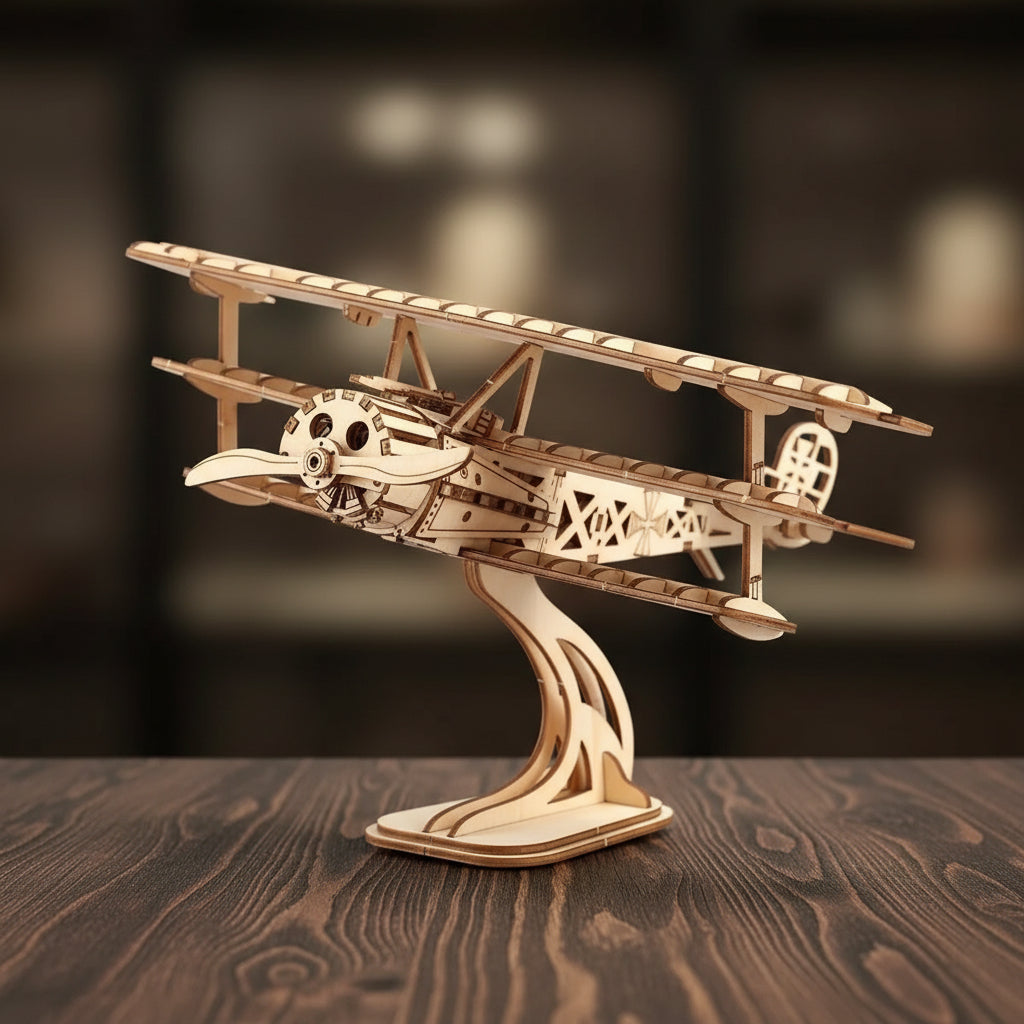 Puzzle 3D en bois d'un avion biplan rétro sur base en V.