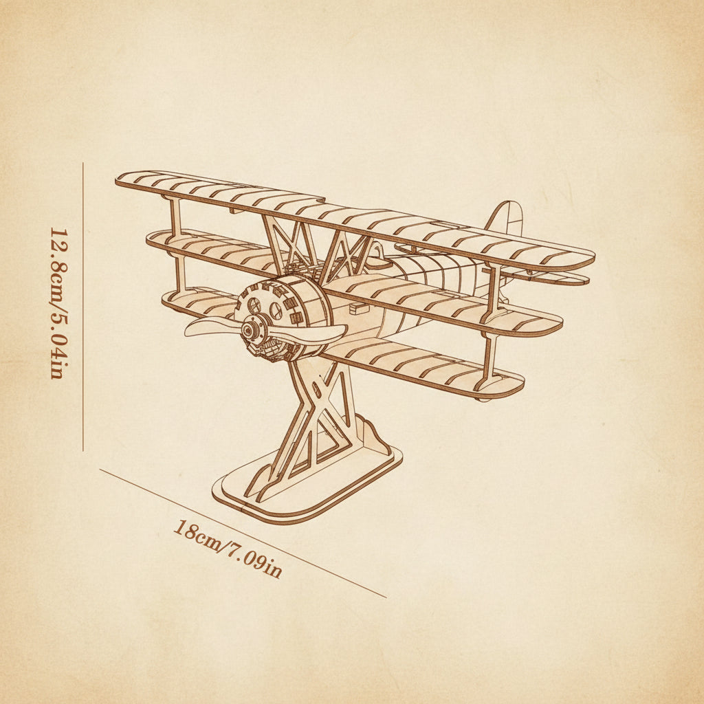 Puzzle 3D en bois d'un avion biplan rétro sur base en V. - vue 2