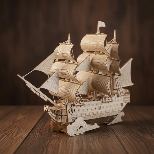 Modèle 3D en bois du HMS Victory, détail des mâts, voiles et ponts avec canons.