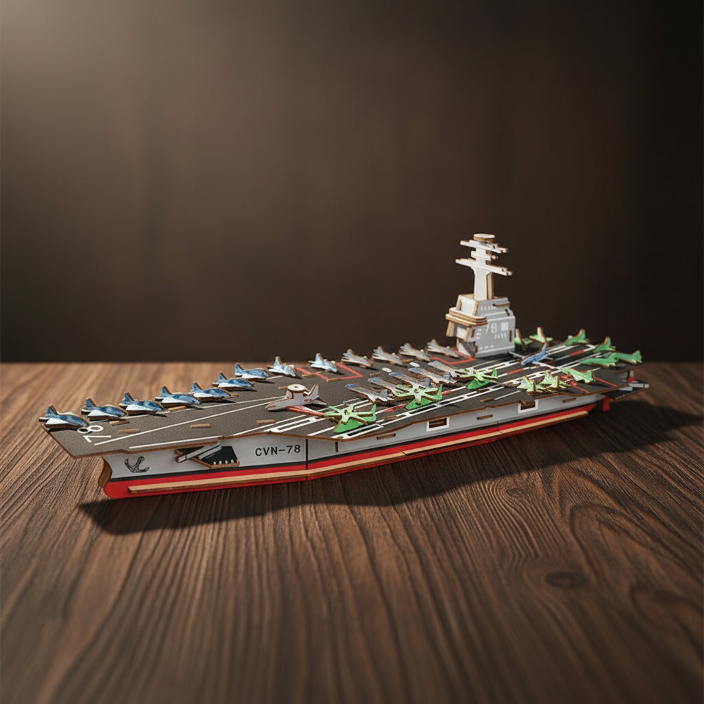 Puzzle 3D du Bateau USS CVN-78 en bois, assemblé.