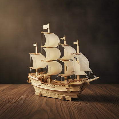 Puzzle 3D du Bateau de Marchand en bois, assemblé.