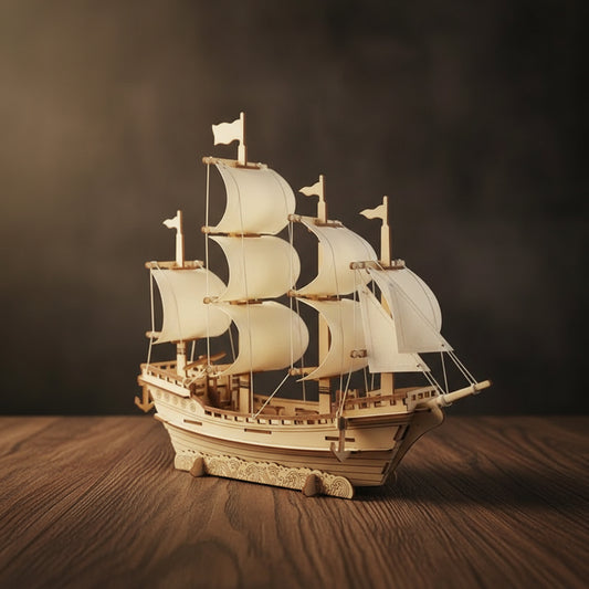 Puzzle 3D du Bateau de Marchand en bois, assemblé.