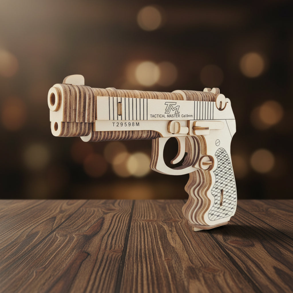 Puzzle 3D en bois représentant un pistolet Beretta 'Tactical Master 9mm' en bois fini.