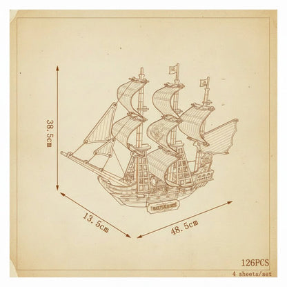 Puzzle 3D en bois du Black Pearl, bateau pirate avec voiles blanches et drapeau à tête de mort. - vue 2