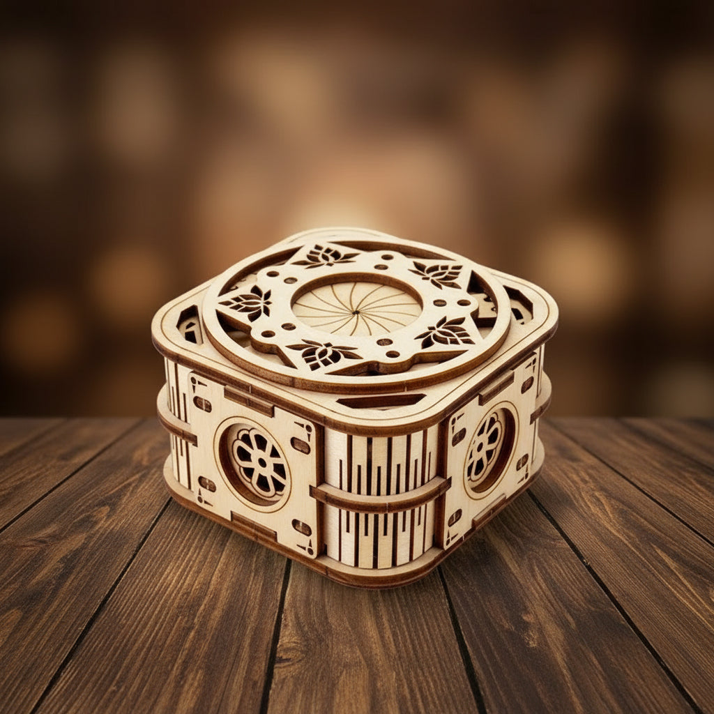 Boîte à musique en bois 3D avec motifs floraux et mécaniques.