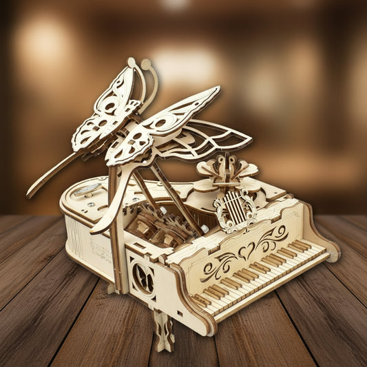 Puzzle 3D en bois de piano à musique avec papillon et fleurs.