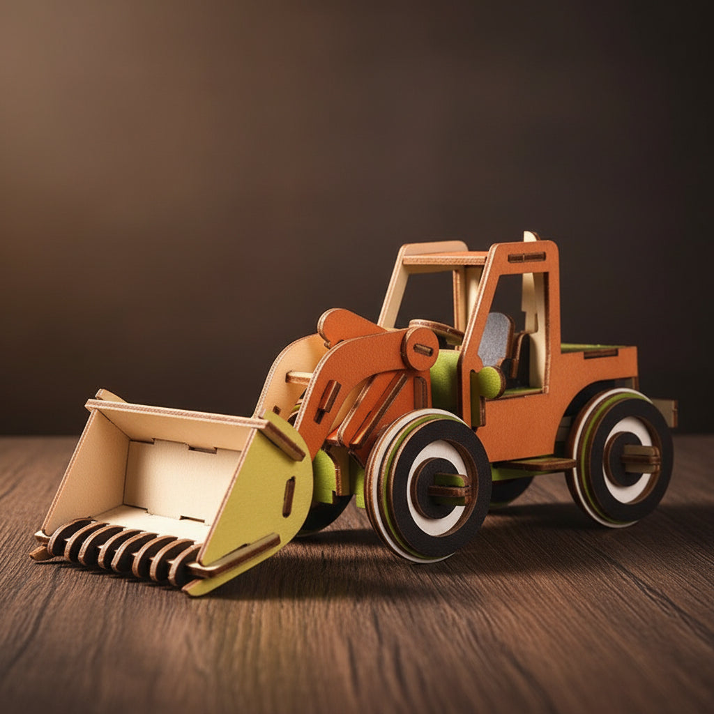 Puzzle 3D en bois de bulldozer avec roues vertes et blanches, capot orange.