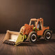 Puzzle 3D en bois de bulldozer avec roues vertes et blanches, capot orange.