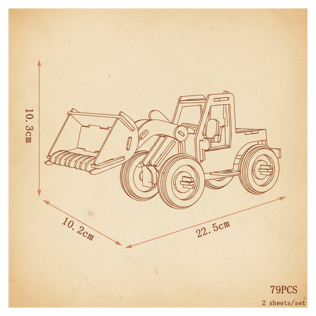 Puzzle 3D en bois de bulldozer avec roues vertes et blanches, capot orange. - vue 2