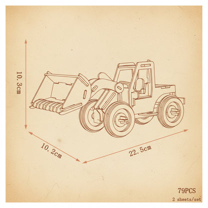 Puzzle 3D en bois de bulldozer avec roues vertes et blanches, capot orange. - vue 2