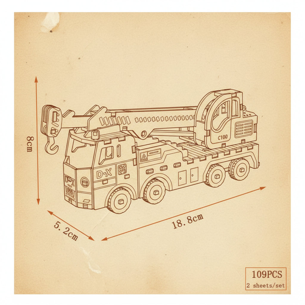 Puzzle 3D d'un camion-grue jaune avec grue articulée et marquages 'D-X' 'C100'. - vue 2