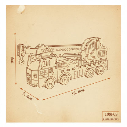 Puzzle 3D d'un camion-grue jaune avec grue articulée et marquages 'D-X' 'C100'. - vue 2