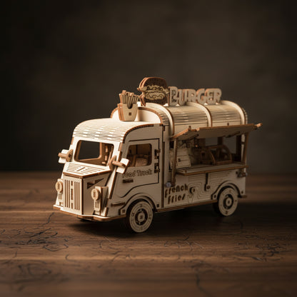 Puzzle 3D de camion de fast food blanc avec détails en bois
