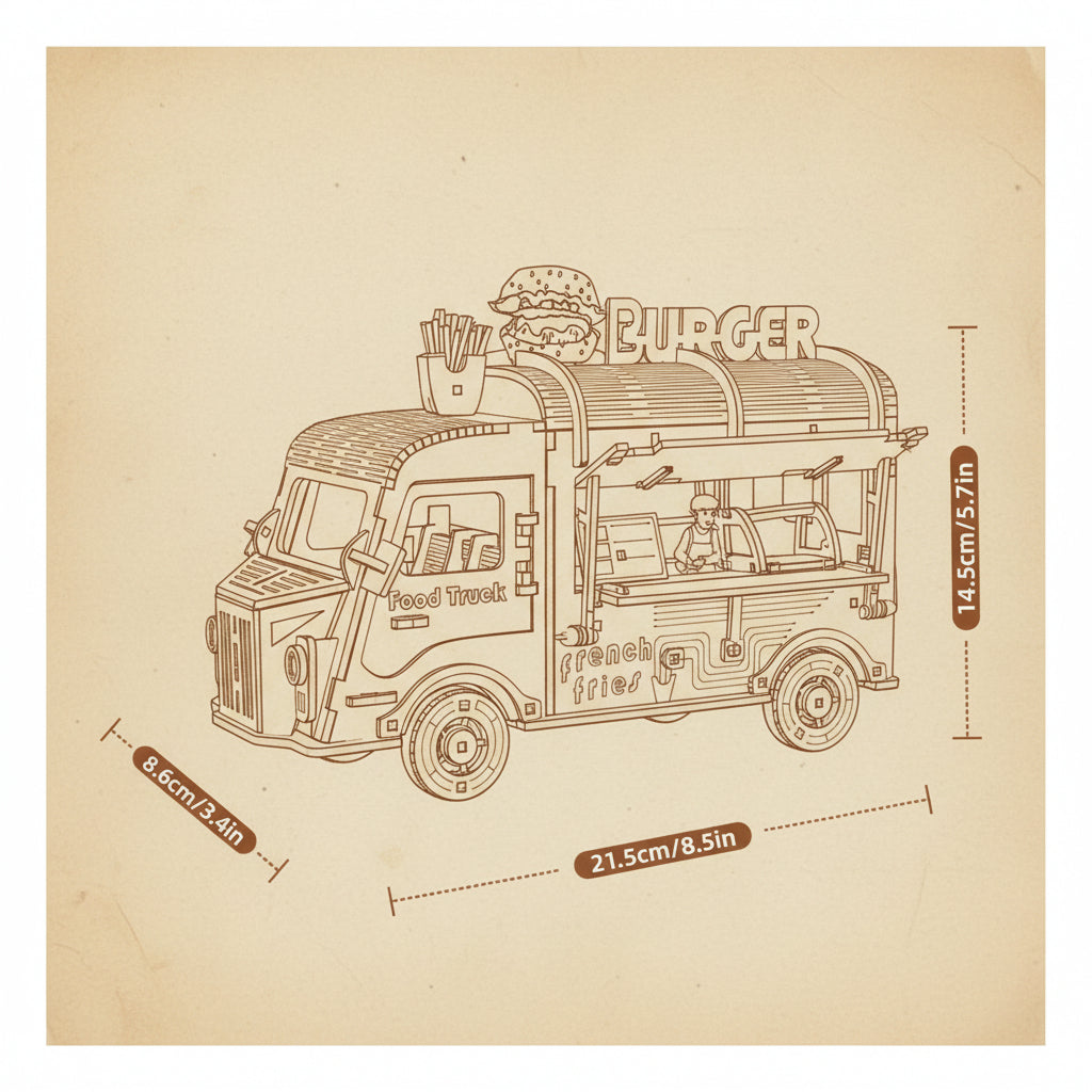 Puzzle 3D de camion de fast food blanc avec détails en bois - vue 2