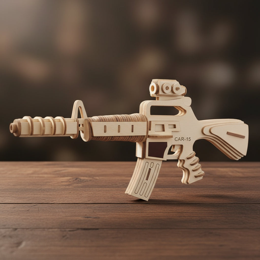 Puzzle 3D en bois représentant une carabine avec canon et viseur.