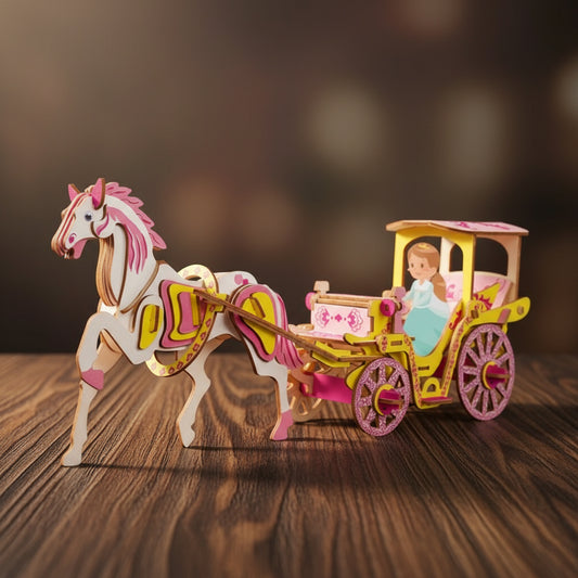 Puzzle 3D en bois de carrosse royal rose et jaune avec cheval coloré.