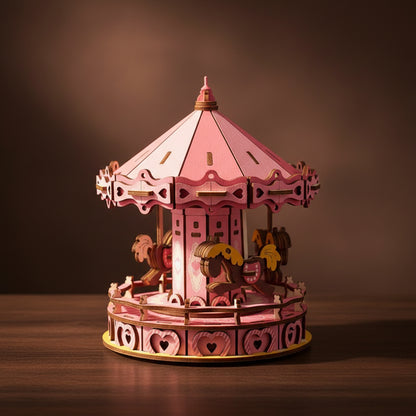 Puzzle en bois 3D avec carrousel rose et motifs de coeurs et d'animaux.