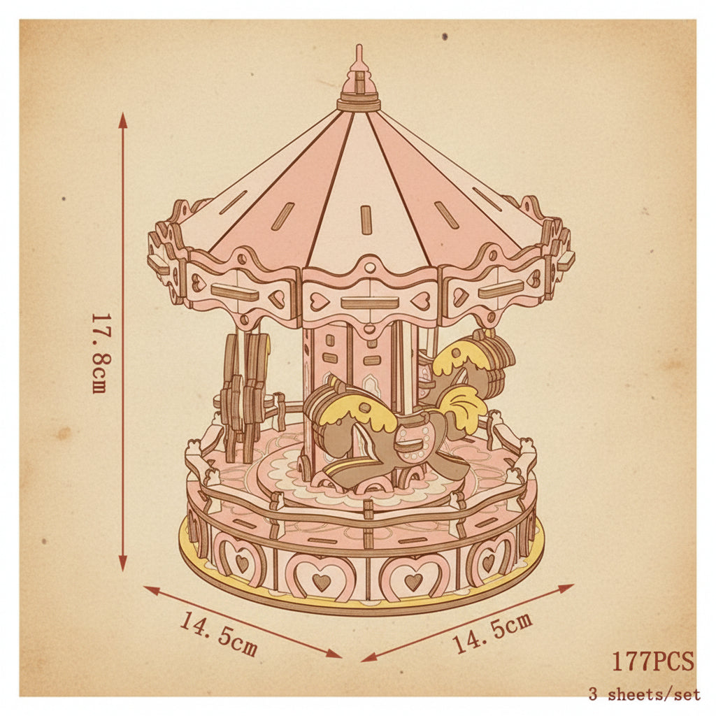 Puzzle en bois 3D avec carrousel rose et motifs de coeurs et d'animaux. - vue 2