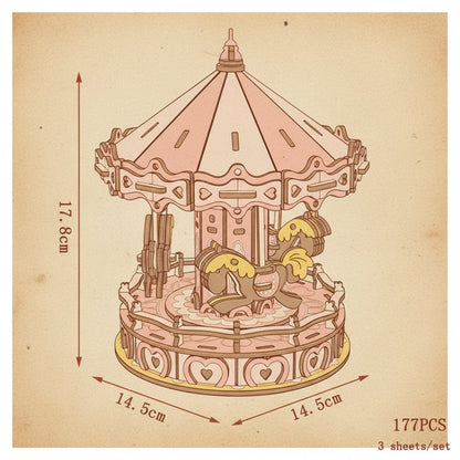 Puzzle en bois 3D avec carrousel rose et motifs de coeurs et d'animaux. - vue 2