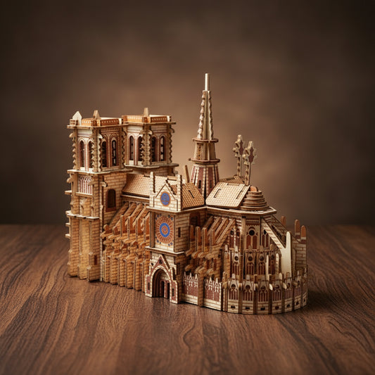 Puzzle 3D de la Cathédrale Notre-Dame en bois, assemblé, montrant tours et décorations marron et ...