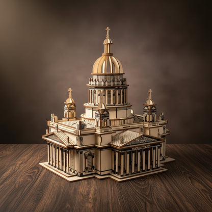 Puzzle 3D de cathédrale en bois avec dôme doré et tours.