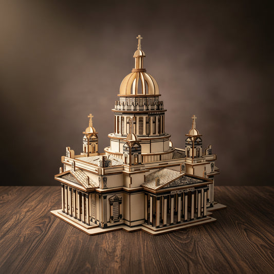 Puzzle 3D de cathédrale en bois avec dôme doré et tours.