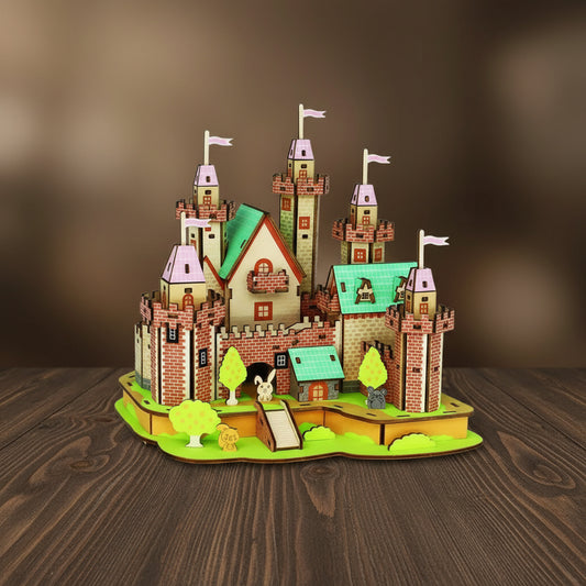 Puzzle 3D en bois de château de princesse coloré avec tours et toits verts.
