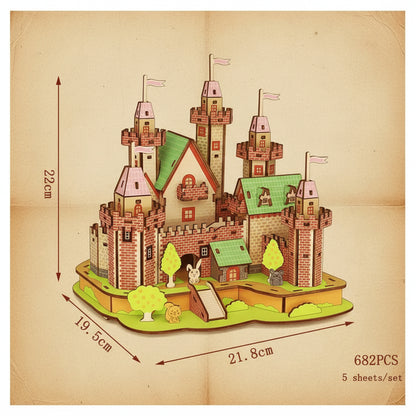 Puzzle 3D en bois de château de princesse coloré avec tours et toits verts. - vue 2