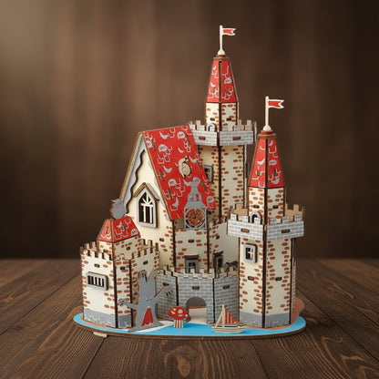 Puzzle en bois 3D représentant un château fort rouge et beige.