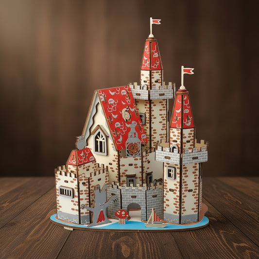 Puzzle en bois 3D représentant un château fort rouge et beige.