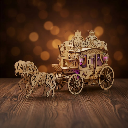 Puzzle 3D en bois de charrette ornée, éclairée intérieurement, tirée par deux chevaux sculptés.