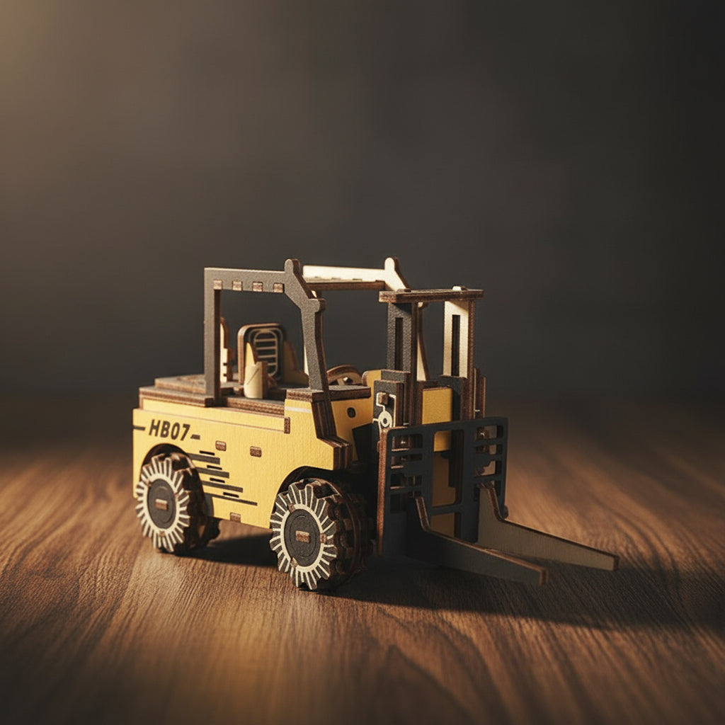 Puzzle 3D d'un chariot élévateur jaune sur bois.