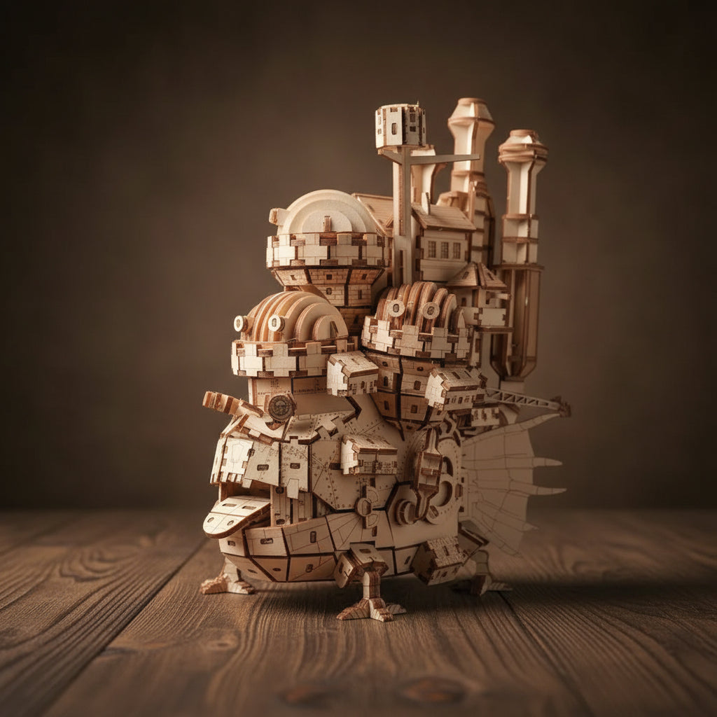 Puzzle 3D en bois du Château Ambulant, détaillé avec cheminées et fenêtres, style Ghibli.