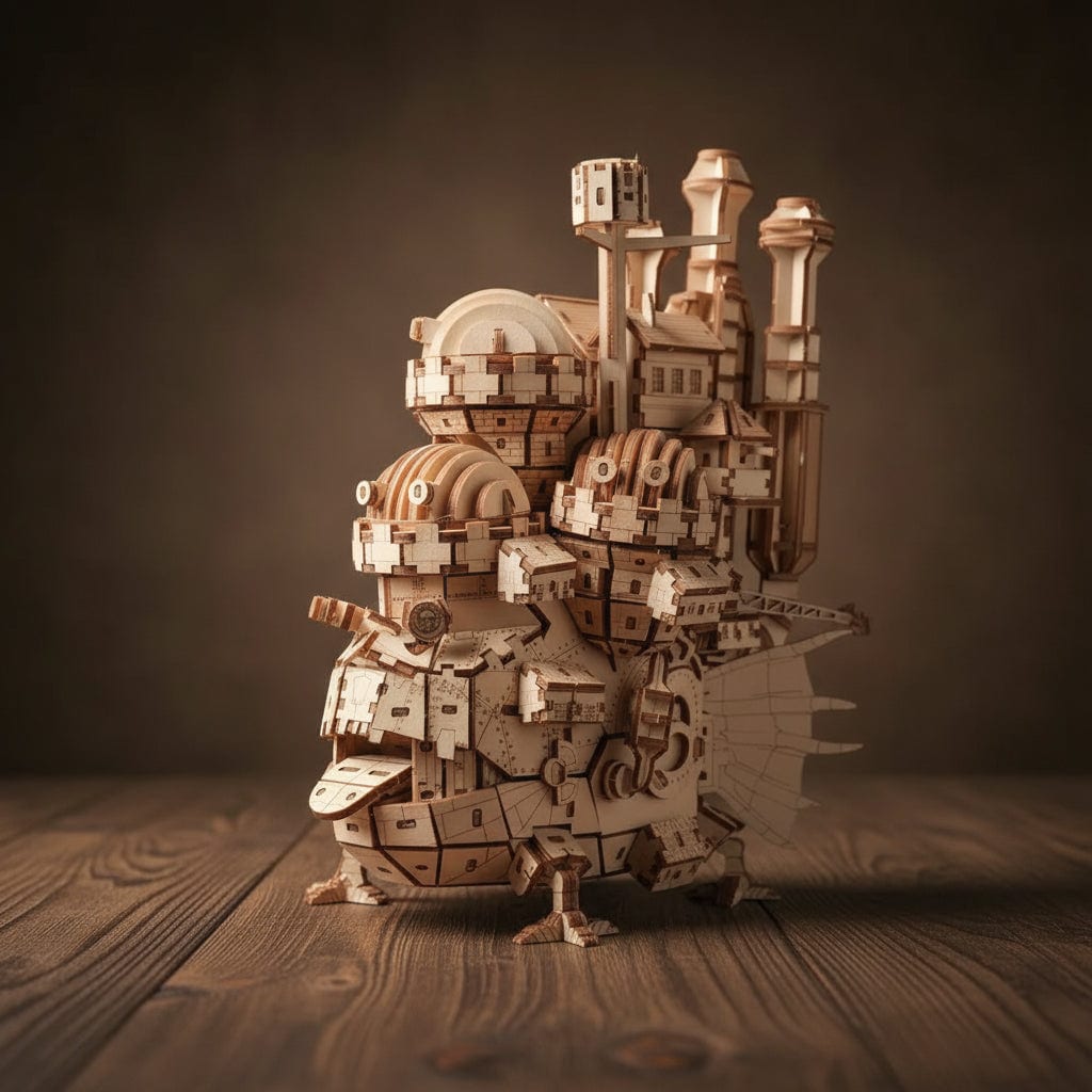 Puzzle 3D en bois du Château Ambulant, détaillé avec cheminées et fenêtres, style Ghibli.