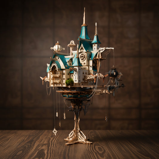 Puzzle 3D de château à vapeur en bois avec détails bleus et blancs.
