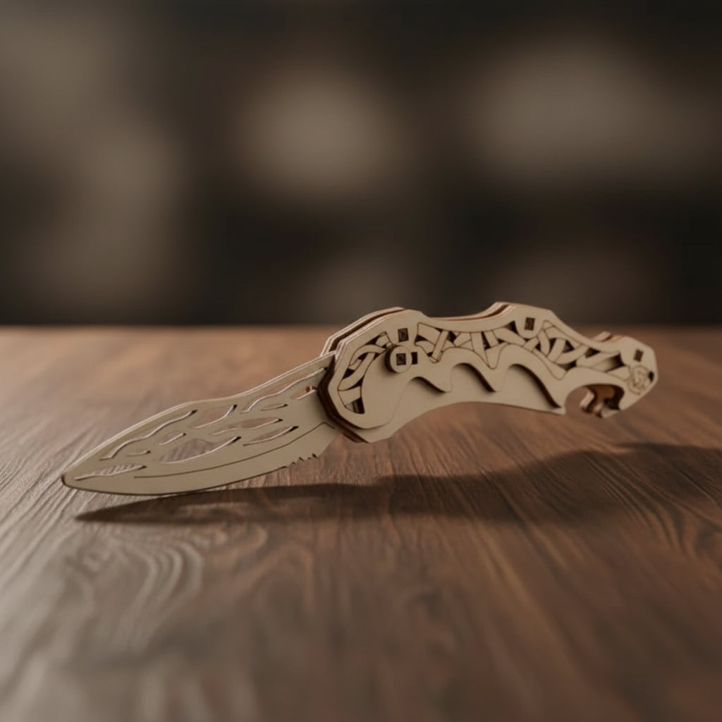Puzzle 3D en bois représentant un couteau à ressort.