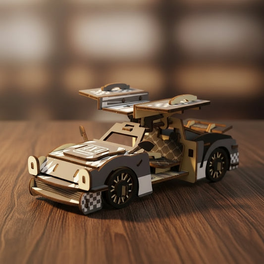 Puzzle 3D de DeLorean en bois avec détails rétro et carreaux.