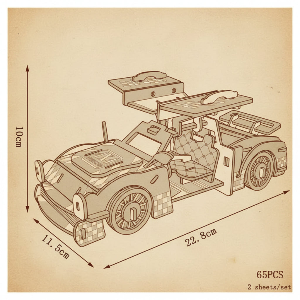 Puzzle 3D de DeLorean en bois avec détails rétro et carreaux. - vue 2